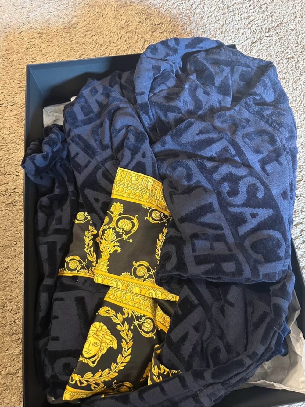Versace Navy Jacquard Scarf with Gold Barocco Border